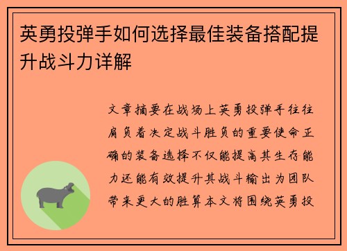 英勇投弹手如何选择最佳装备搭配提升战斗力详解