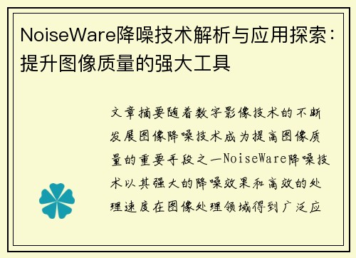 NoiseWare降噪技术解析与应用探索：提升图像质量的强大工具