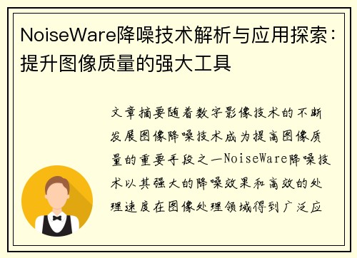 NoiseWare降噪技术解析与应用探索：提升图像质量的强大工具